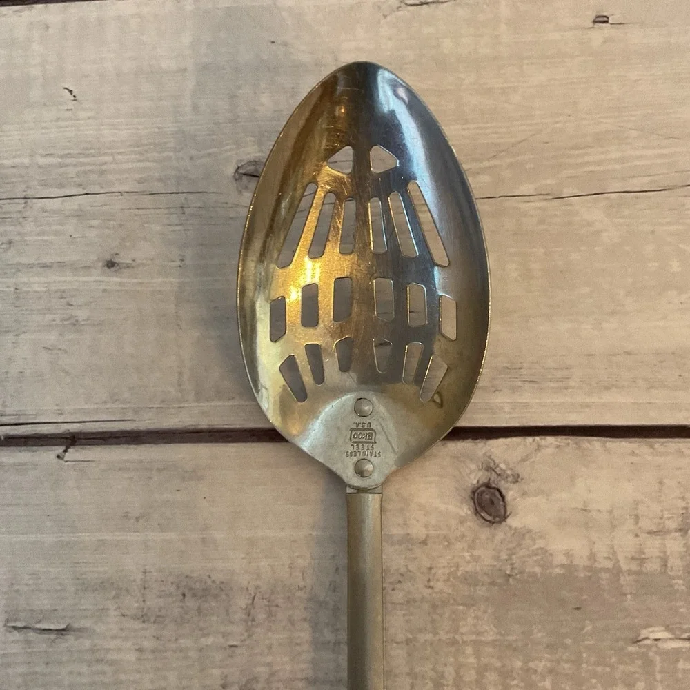 Ekco Stainless Steel Slotted Spoon Black Handle Atomic Starburst MCM Vintage USA